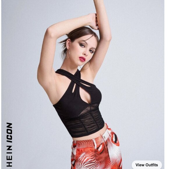 SHEIN ICON Criss Cross Cut Out Front Mesh Panel Halter Top NWOT - Picture 3 of 5